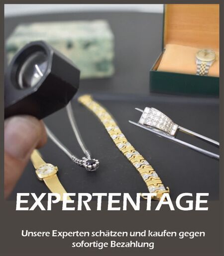 Eine Anzeige zur Aktion Expertentage - Schätzung der Wertgegenstände. Hintergrundbild zeigt unterschiedlichen Schmuck. Eine Hand hält eine kleine Lupe in der Hand.